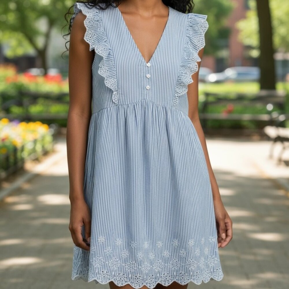 Loft Women's Striped Eyelet Button Ruffle Swing Dress M